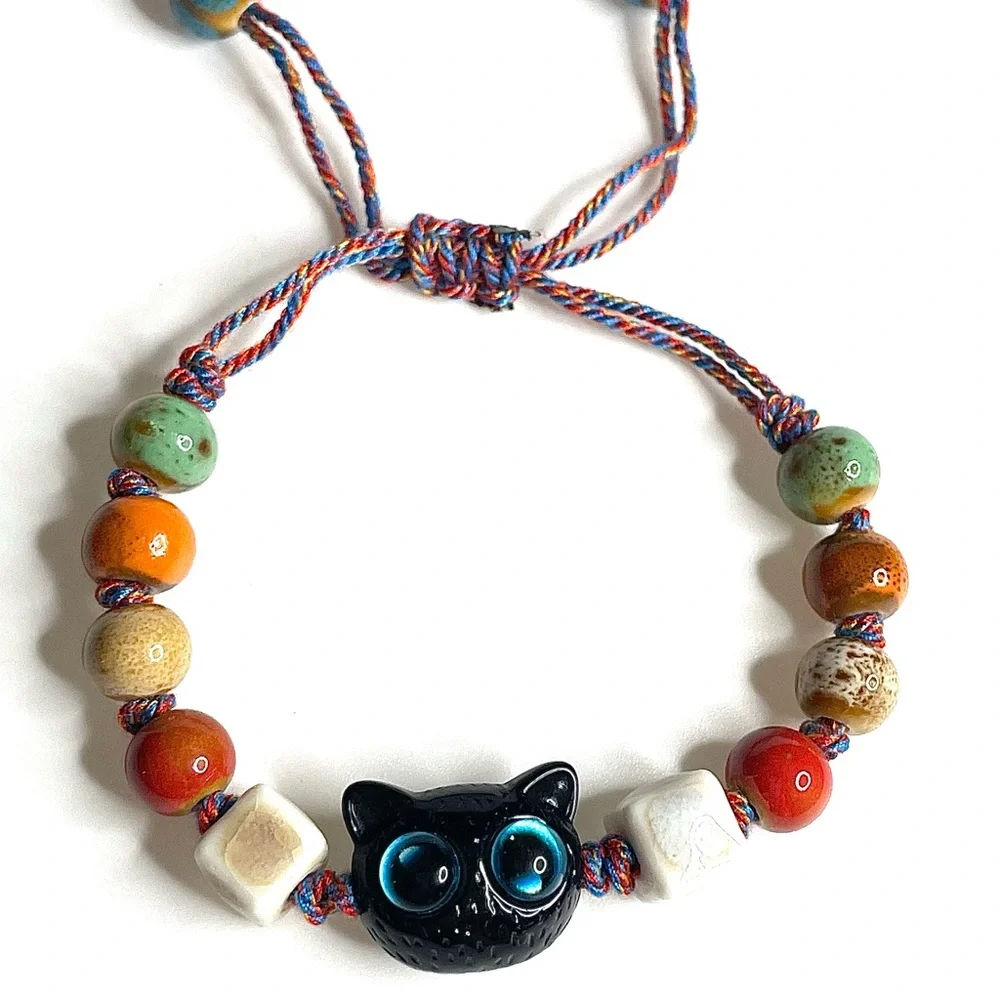 Black Cat Bracelet Red white Tan orange Ceramic Beaded Adjustable Cord